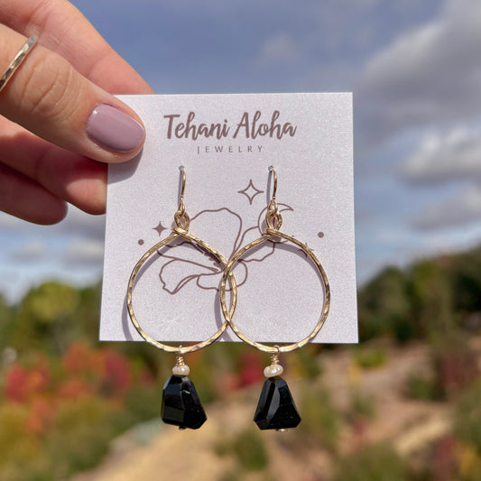 Earrings - 14K Gold Filled with Black Onyx + Pearls