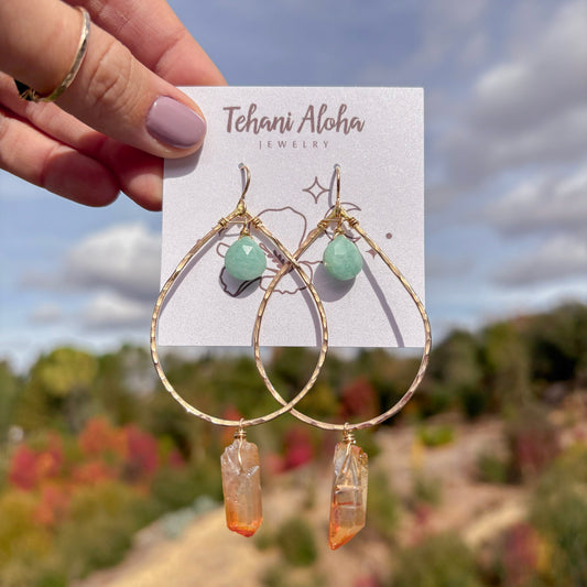 Earrings - 14K Gold Filled with Larimar Teardrop + Champagne Quartz