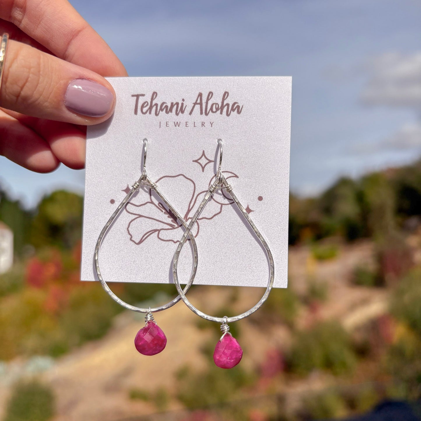 Earrings - Sterling Silver with Pink Ruby Teardrop