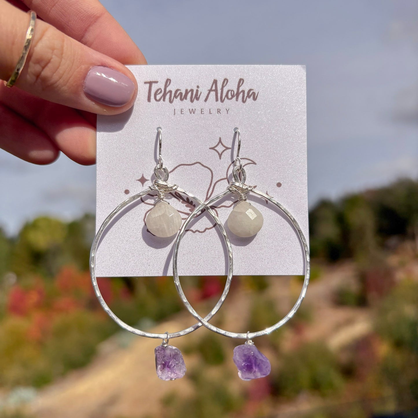 Earrings - Sterling Silver with Moonstone Teardrop + Amethyst Nugget