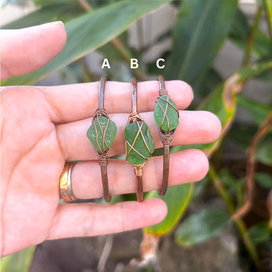 Copper Cuffs - Green Seaglass