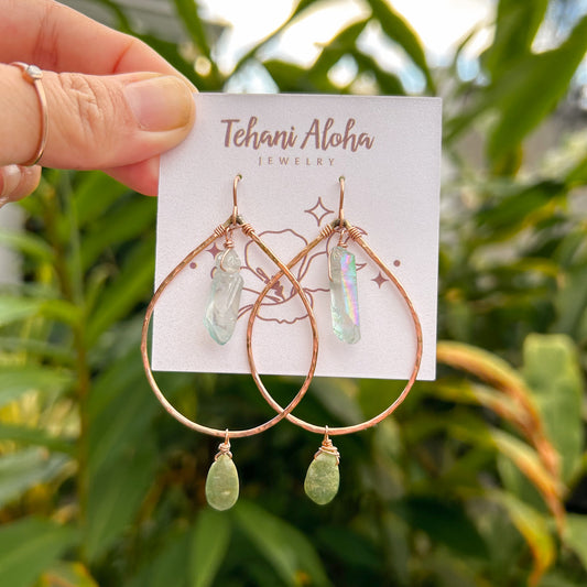 Earrings - Rose Gold with Blue Quartz + Green Stones